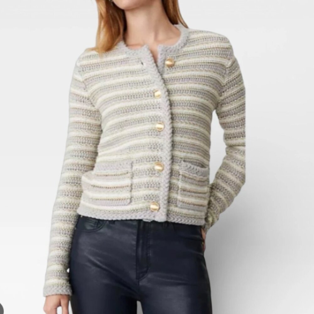 Ann Taylor Tweed Jacket Neutral Stripe Gold Button Sweater Jacket Style Size S
